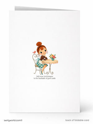 a young girl sitting at a table with flowers in a vase, accompanied by the text "Add more text/arrangements to the backdrop of your cards"