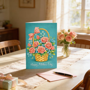 A Mother's Day card with a basket of pink roses sits on a table, accompanied by a gift box, a pen, and a vase of pink roses.