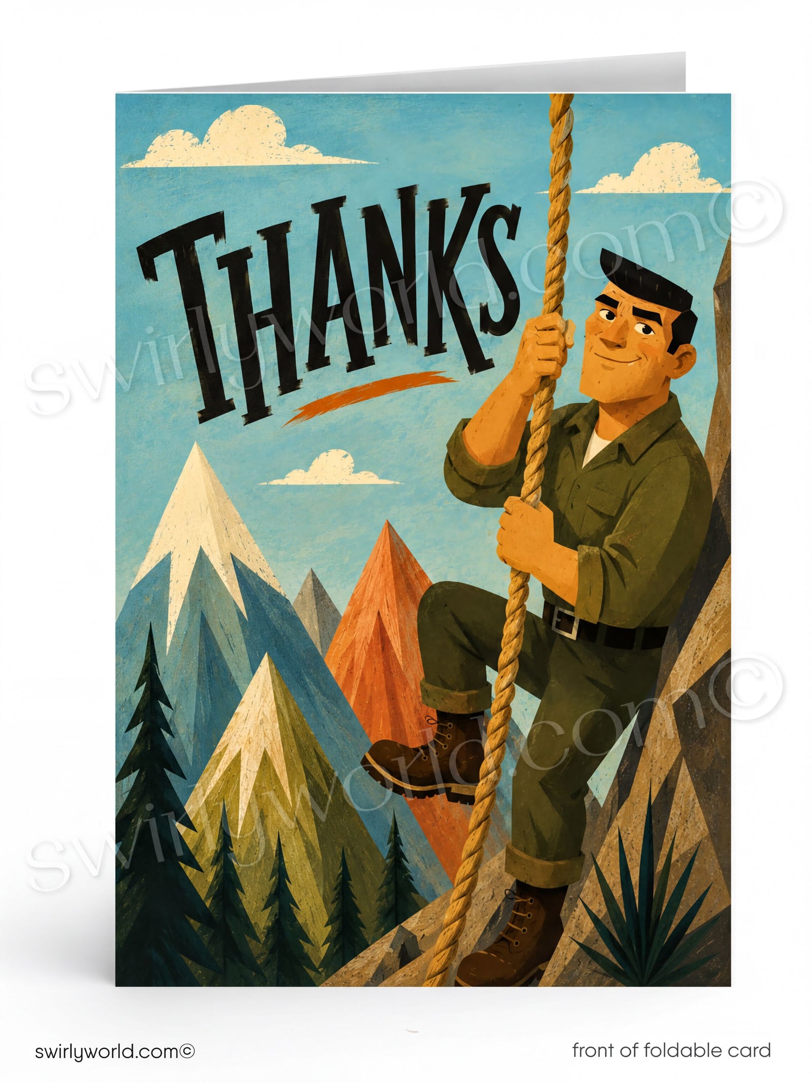 A man climbing a mountain with a rope, surrounded by a scenic landscape with mountains, clouds, and pine trees. The text "THANKS" is prominently displayed above the man.