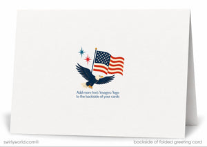 The image is a greeting card featuring an American eagle with its wings spread wide, flying in front of an American flag. The card has a white background and includes text instructions for adding more text, images, and a logo to the backside of the card.