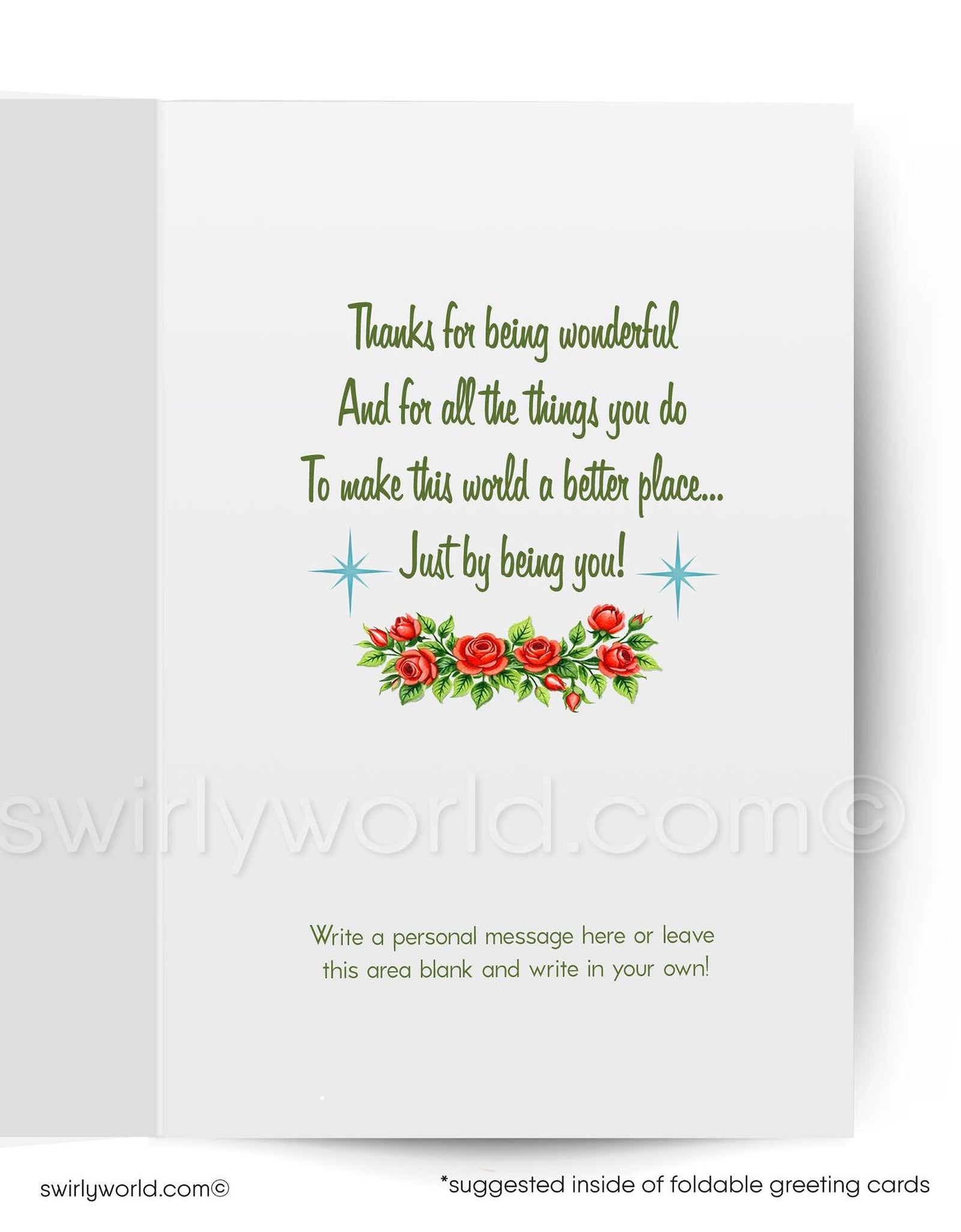 A greeting card featuring a young girl peeking over a wooden fence, with a sign that reads "Just Wanted to Say... have a happy Mother's Day!" The card has a floral border and a blue sky background.