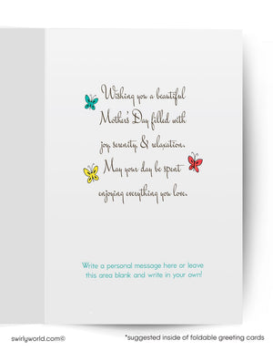 Foldable greeting card with Mother's Day message and butterfly illustrations on a white background.