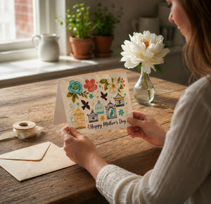 A woman is sitting at a table, holding a card with a floral design and the text "Happy Mother's Day". The card is decorated with illustrations of birds in cages and a birdhouse. The woman is surrounded by potted plants and a vase of flowers, creating a cozy and festive atmosphere.