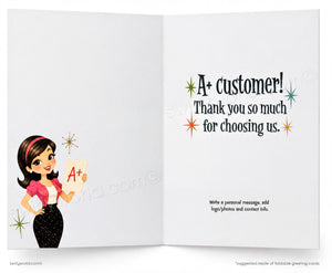 An open greeting card template with a white interior layout. The left panel shows a cartoon woman holding an A+ card, and the right panel reads 'A+ customer! Thank you so much for choosing us.