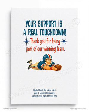 Card with football player graphic and text 'Your support is a real touchdown! Thank you for being part of our winning team.'