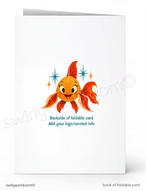 Backside of a foldable card with a cartoon goldfish on a white background