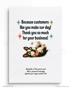 The image is a flat panel card with a playful dog illustration and a message expressing gratitude from customers.