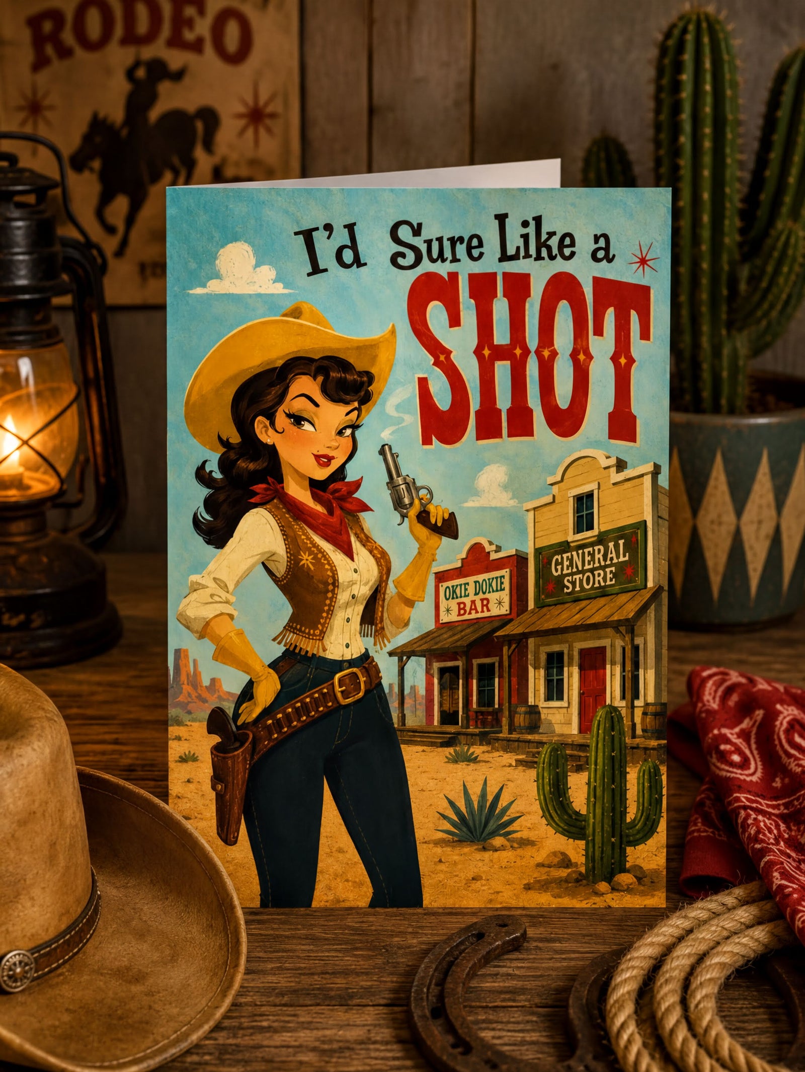 A folded greeting card shown upright on a white background. The card features a retro western illustration with the text 'I’d Sure Like a SHOT' above a woman in a cowboy hat and boots standing in front of a general store and cactus.