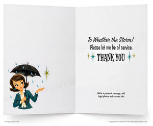 An open greeting card with a white background, featuring a cartoon woman holding a black umbrella on the left and printed text on the right that reads, 'To Weather the Storm! Please let me be of service. THANK YOU.