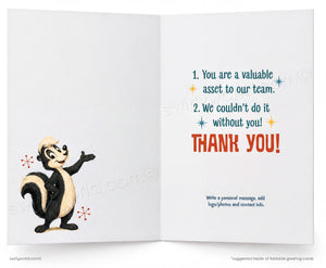 The image is a greeting card with a cartoon skunk and a message expressing gratitude.