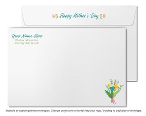 a white envelope with a floral design on the side, and the text "Happy Mother's Day" printed on it.