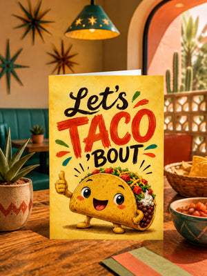 A greeting card with a cartoon taco character and the text "Let's TACO 'BOUT" is displayed on a wooden table.