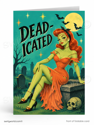 A woman with red hair and green skin is sitting on a stone slab in a cemetery, wearing an orange dress and high heels. The background features a full moon, bats, and a skull. The text "DEAD-ICATED" is prominently displayed above the woman.