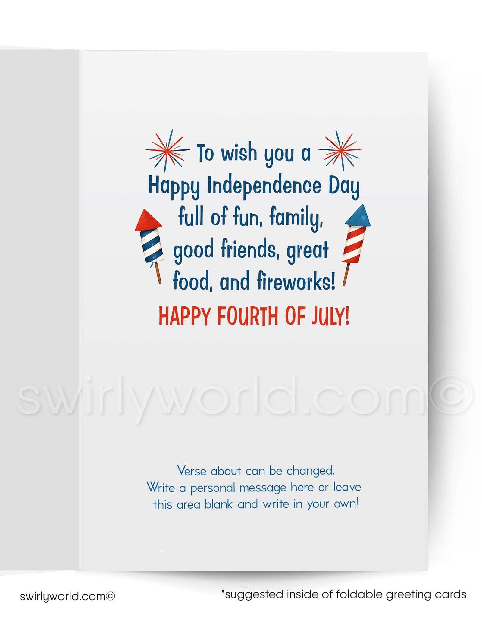 Card with Uncle Sam holding an American flag and fireworks, text 'It's that time of year...', on a blue background.