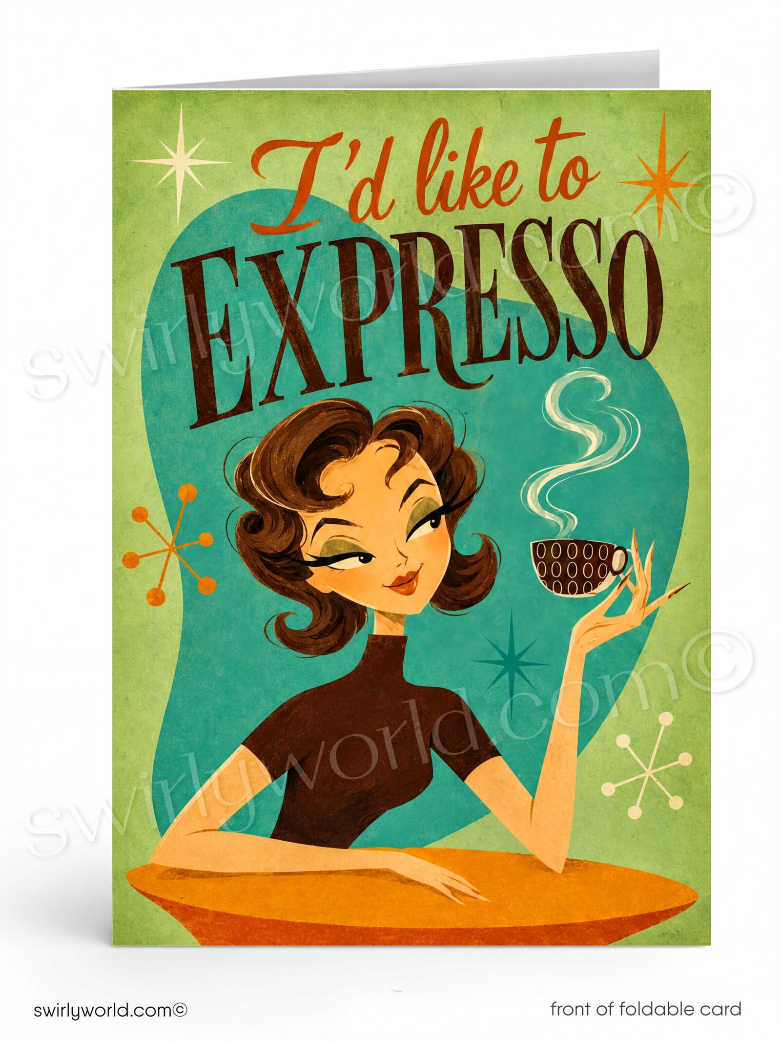 A retro-style foldable greeting card featuring an illustration of a woman holding an espresso cup with the text 'I'd like to EXPRESSO' on a light green background.