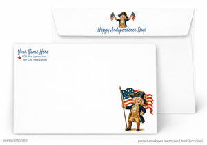 a white envelope with a patriotic design, including a depiction of a man holding an American flag and a flagpole. The design also includes text that reads "Happy Independence Day!"