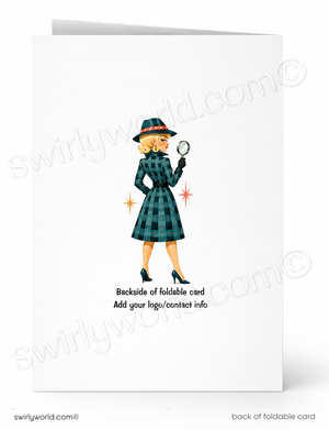 A folded greeting card shown front and back on a white background. The front features a retro-style illustration of a woman in a green plaid dress and hat holding a magnifying glass, with the text 'Backside of foldable card' and 'Add your logo/contact info' on the back.