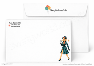Printed white envelopes shown on a white background, with one envelope featuring a colorful balloon graphic and the text 'Open for the next clue,' and the other showing printed address fields plus an illustrated detective character in a plaid coat and hat.