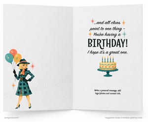 An open greeting card with a birthday message printed on both sides. The left side shows a retro-style illustration of a woman in a plaid coat holding balloons, and the right side has a birthday cake and the text, '.