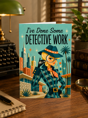 A greeting card featuring a retro-style illustration of a female detective with a hat, magnifying glass, and plaid coat, standing on a wooden desk with a lamp, notebook, and books in the background. The card reads 'I've Done Some DETECTIVE WORK'.
