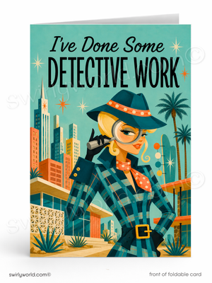 A folded greeting card shown front-on against a white background. The card features a retro detective illustration with the text 'I've Done Some DETECTIVE WORK' on a teal background with palm trees and a city skyline.