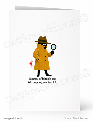 A white foldable greeting card shown front and back. The front features a simple illustration of a detective figure in a yellow trench coat holding a magnifying glass, with placeholder text reading 'Backside of foldable card Add your logo/contact info.