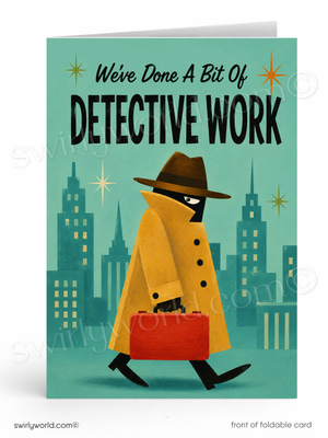 A folded greeting card shown standing upright on a white background. The card features a stylized detective character in a yellow trench coat and brown hat walking with a red suitcase against a teal city skyline.