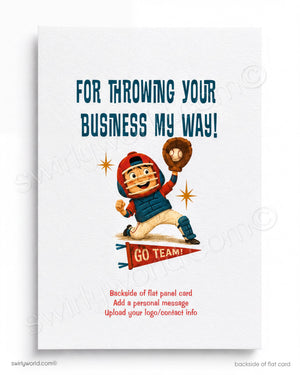 Cartoon character in a baseball uniform with text 'For throwing your business my way!' on a white background