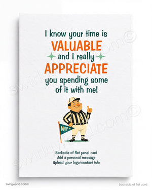 Card with a cartoon referee and text expressing appreciation for time spent together.