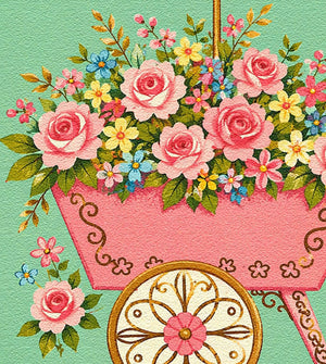 A vibrant floral arrangement in a pink basket, featuring roses, daisies, and other colorful flowers, set against a green background.