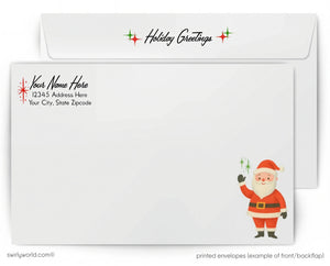 Swirly World holiday greeting card with Santa Claus illustration and envelope.