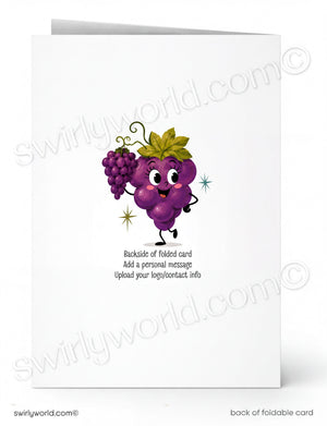 a white card with a purple grape character on it. The grape character is holding a bunch of grapes and has a smiling expression. The card has a message that says "Backside of folded card Add a personal message Upload your logo/contact.info" and there is a copyright symbol at the bottom.