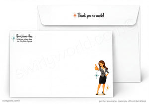 A printed stationery set showing the front and back of a white envelope. The front has a small illustrated woman in a gray blazer and black skirt with a starburst, and the back has placeholder text for an address and a small starburst.