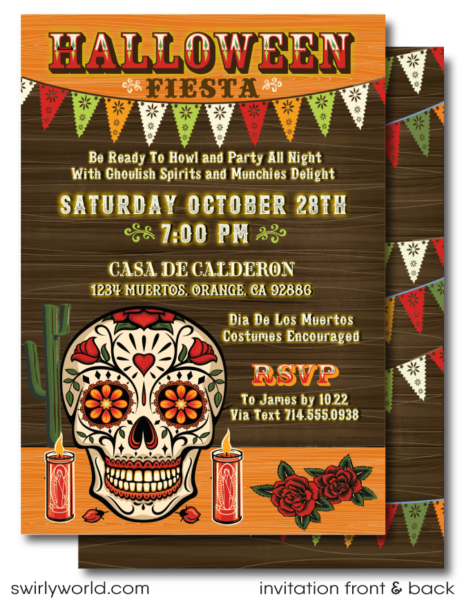 Host an unforgettable Dia de los Muertos Fiesta with our stunning Day of the Dead Halloween invitation! Featuring a classic sugar skull and vibrant Mexican fiesta flags, this editable design is printed on high-quality card stock and shipped to your door. Customize easily and celebrate in style!