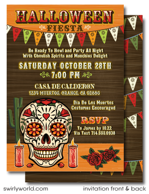 Host an unforgettable Dia de los Muertos Fiesta with our stunning Day of the Dead Halloween invitation! Featuring a classic sugar skull and vibrant Mexican fiesta flags, this editable design is printed on high-quality card stock and shipped to your door. Customize easily and celebrate in style!