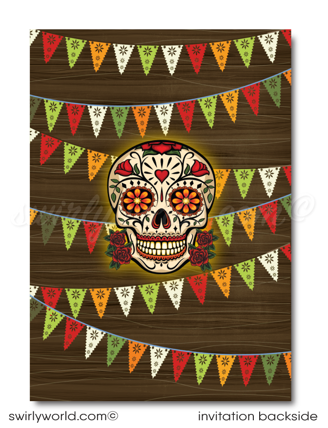 Celebrate Dia de los Muertos in style with our vibrant Day of the Dead Halloween invitation! Featuring a classic sugar skull and colorful Mexican fiesta flags, this editable design is perfect for honoring the holiday's traditions. Customize easily, then download and share via print, email, or text for an unforgettable fiesta!