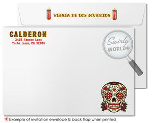 Host an unforgettable Dia de los Muertos Fiesta with our stunning Day of the Dead Halloween invitation! Featuring a classic sugar skull and vibrant Mexican fiesta flags, this editable design is printed on high-quality card stock and shipped to your door. Customize easily and celebrate in style!