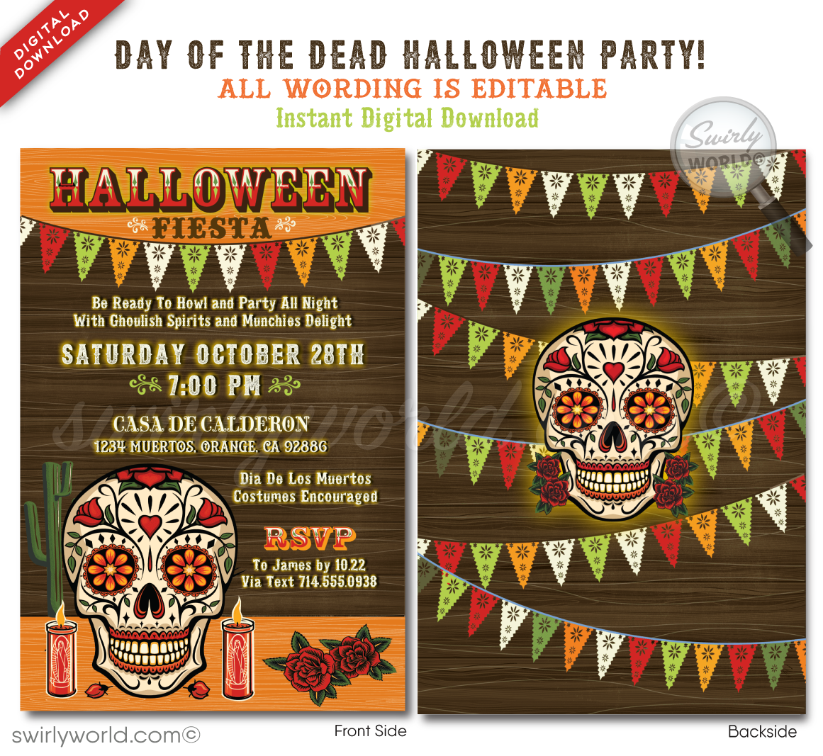 Celebrate Dia de los Muertos in style with our vibrant Day of the Dead Halloween invitation! Featuring a classic sugar skull and colorful Mexican fiesta flags, this editable design is perfect for honoring the holiday's traditions. Customize easily, then download and share via print, email, or text for an unforgettable fiesta!