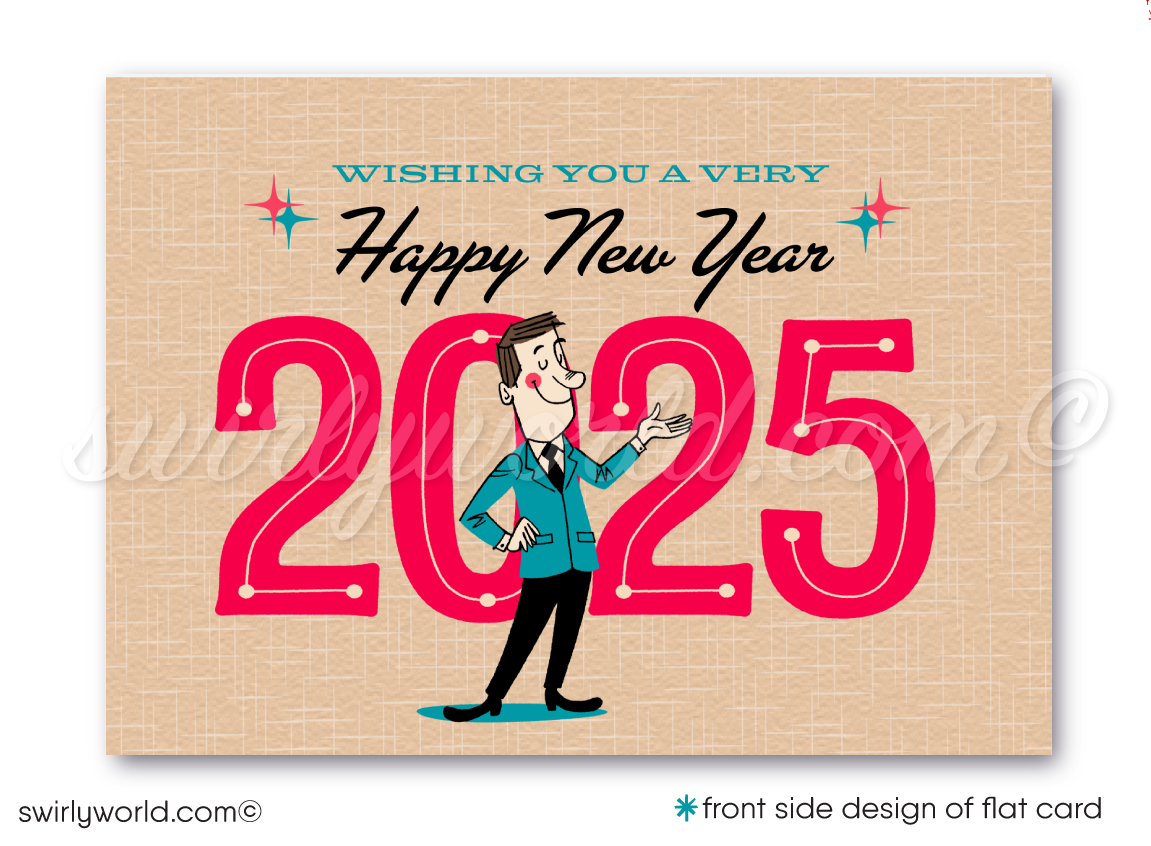 Retro Mid-Century Modern Happy New Year Card – 2025 Design with Dapper Gentleman & Bold Red Typography Digital File Download