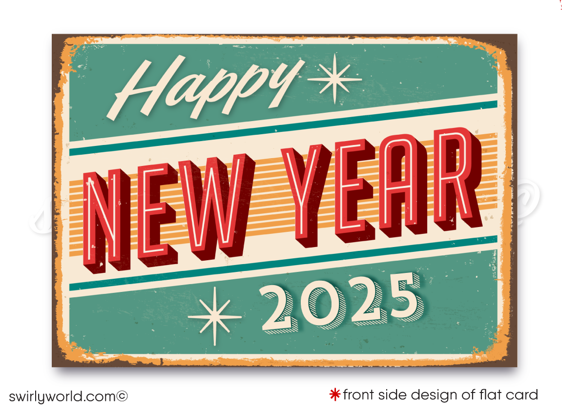 Celebrate 2025 in atomic style! Retro Mid-Century Modern Happy New Year Card with bold red typography, starbursts, and full customization via Corjl.