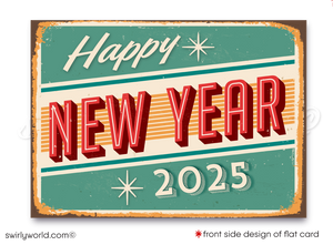 Celebrate 2025 in atomic style! Retro Mid-Century Modern Happy New Year Card with bold red typography, starbursts, and full customization via Corjl.