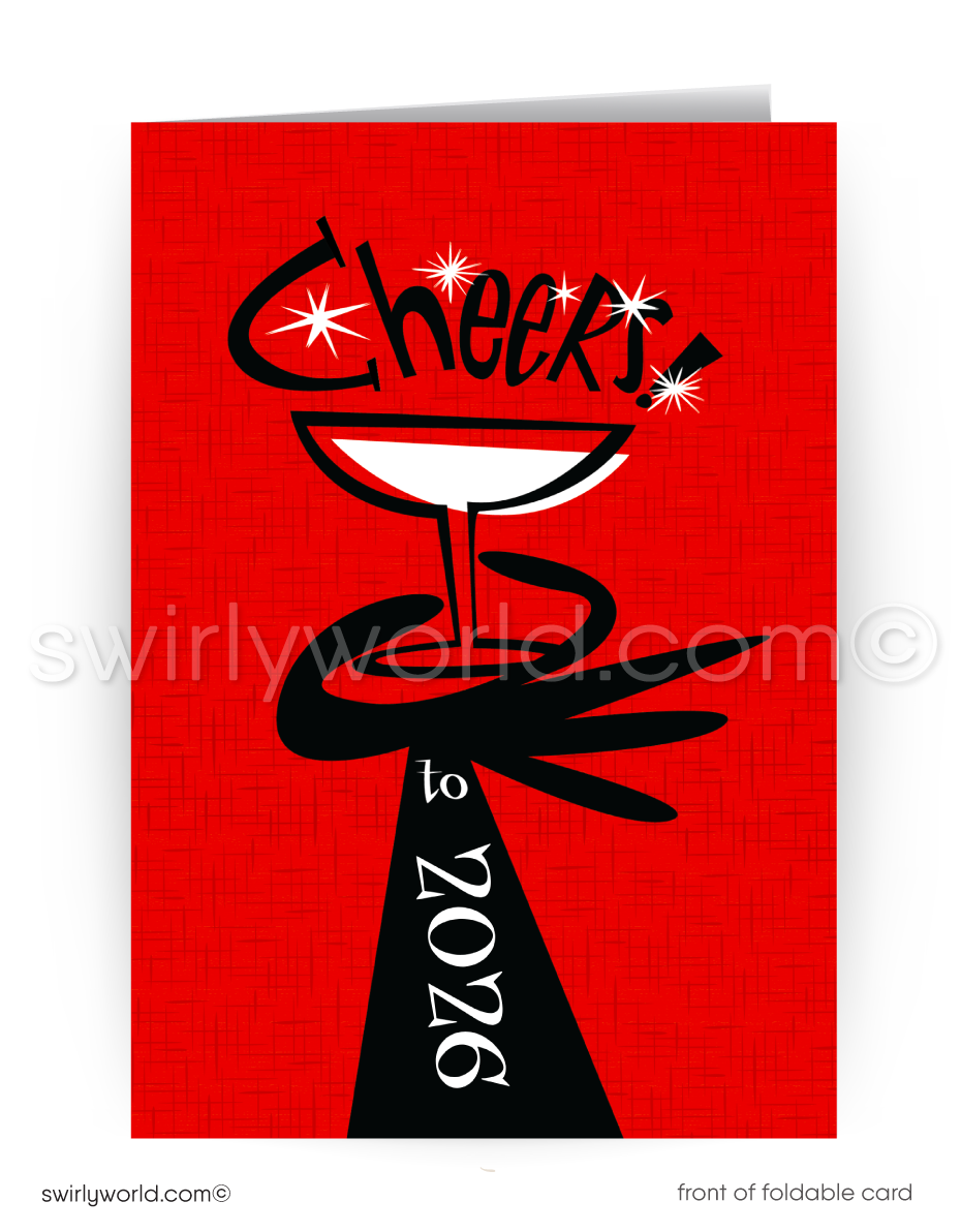 New Year's card with 'Cheers to 2026' design on a red background