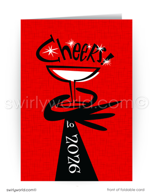 New Year's card with 'Cheers to 2026' design on a red background