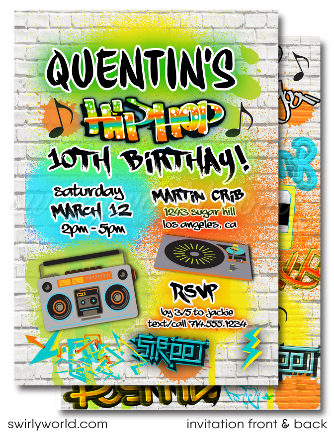 Unleash throwback vibes with our 80's and 90's Hip Hop Party Invitation Digital Bundle! 🎤✨ Featuring rad graffiti art, brick wall background, vintage ghetto blaster, and vinyl turntable. Includes invitations, thank you cards, and matching envelopes. Easily customizable. Perfect for a nostalgic birthday bash!