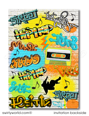 Unleash throwback vibes with our 80's and 90's Hip Hop Party Invitation Digital Bundle! 🎤✨ Featuring rad graffiti art, brick wall background, vintage ghetto blaster, and vinyl turntable. Includes invitations, thank you cards, and matching envelopes. Easily customizable. Perfect for a nostalgic birthday bash!