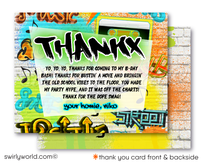 Old School 80's 90's Hip Hop Break Dance Graffiti Wall Spray Paint Birthday Party Invitation thank you card Digital Download