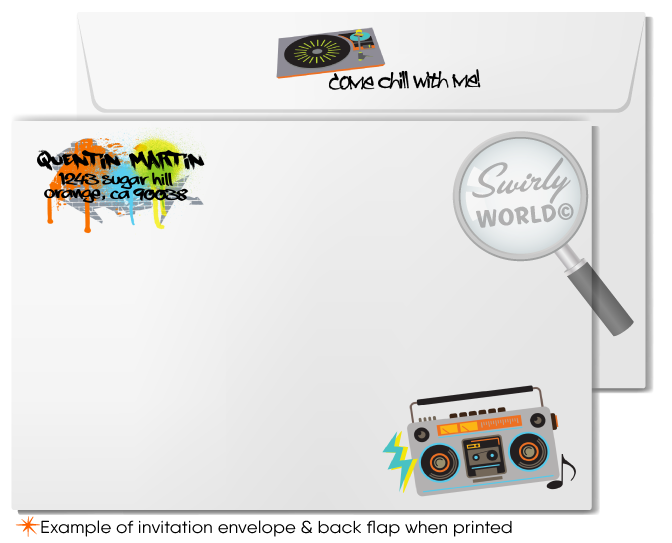 Unleash throwback vibes with our 80's and 90's Hip Hop Party Invitation Digital Bundle! 🎤✨ Featuring rad graffiti art, brick wall background, vintage ghetto blaster, and vinyl turntable. Includes invitations, thank you cards, and matching envelopes. Easily customizable. Perfect for a nostalgic birthday bash!