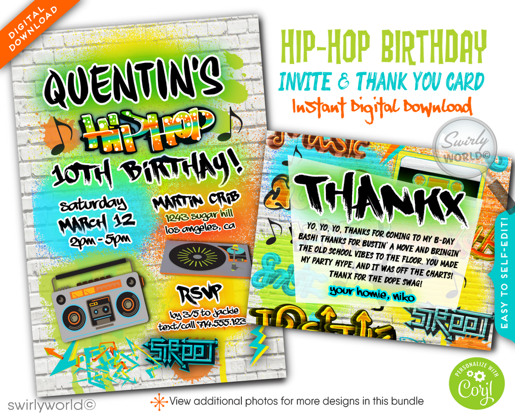 Old School 80's 90's Hip Hop Break Dance Graffiti Wall Spray Paint Birthday Party Invitation Digital Download