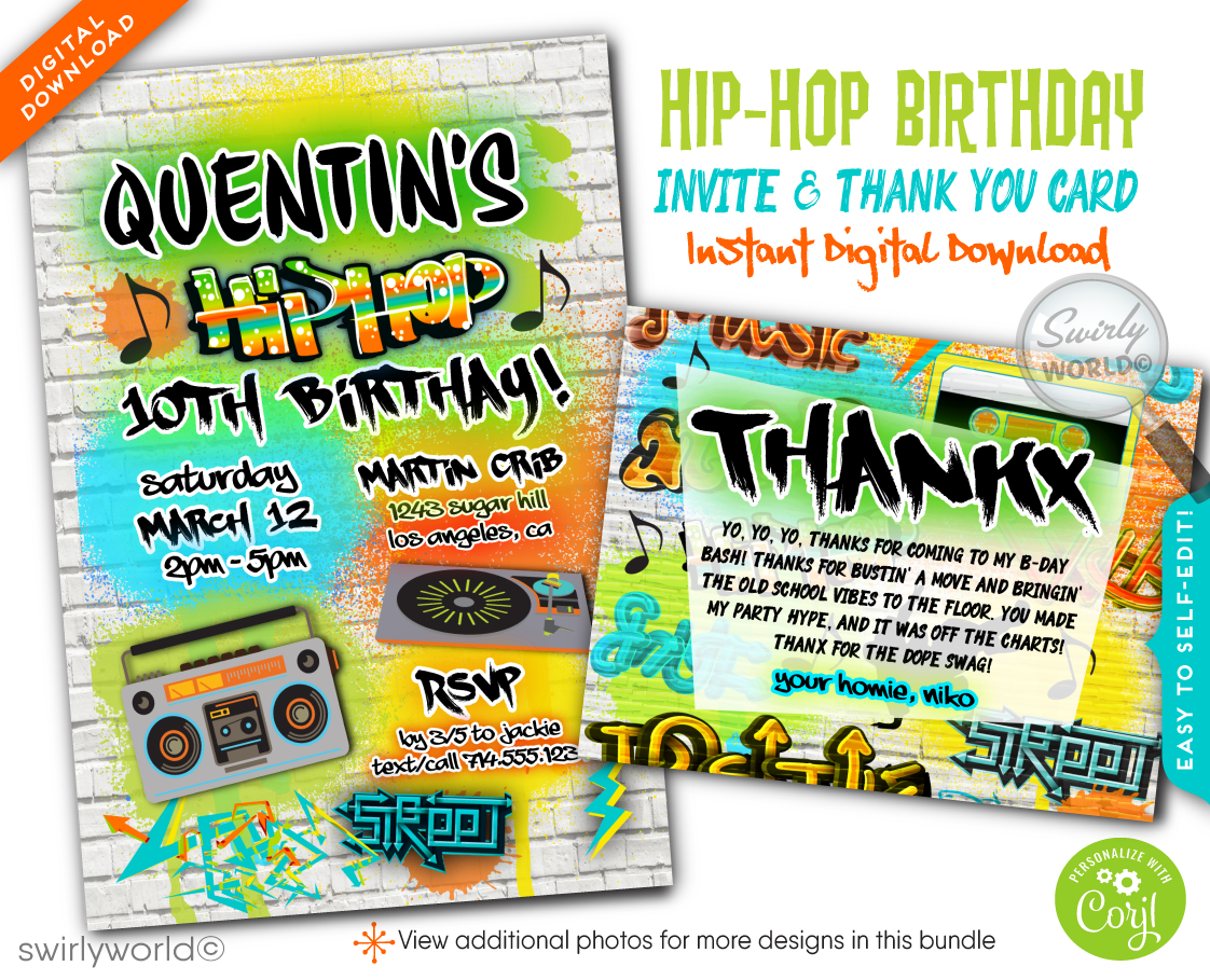 Old School 80's 90's Hip Hop Break Dance Graffiti Wall Spray Paint Birthday Party Invitation Digital Download