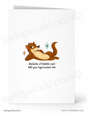 A folded white greeting card shown front and back on a white background. The front features a cartoon brown animal with small star accents and placeholder text reading 'Backside of foldable card' and 'Add your logo/contact info.